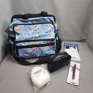 Nurse Mates Blue Coffee Print Nurse Medical Bag Bundle with BP Cuff CPR Mask Pen